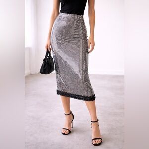 zara strechy Silver Sequin Midi Skirt Evening Party Cocktail Pencil Size S